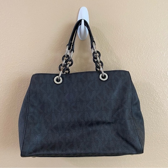 Michael Kors Cynthia Logo Black Leather Medium Sachel Bag Silver Black Hardware‎ - Picture 4 of 15
